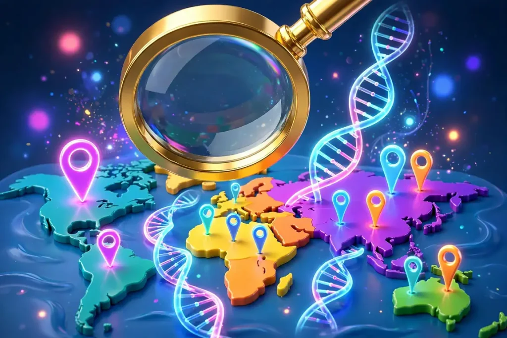 Eye-catching glossy 3D render of a giant golden magnifying glass over a stylized world map with glowing DNA strands