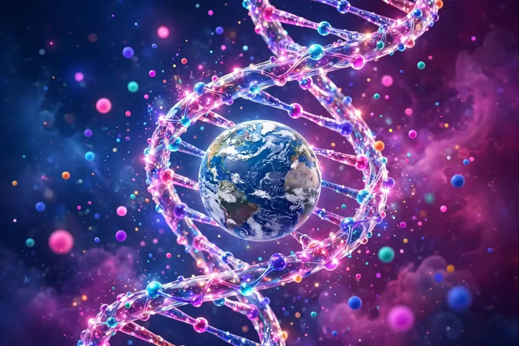 Vibrant 3D render of a sparkling DNA double helix spiraling around a small globe, symbolizing how genetics reveals ancestry