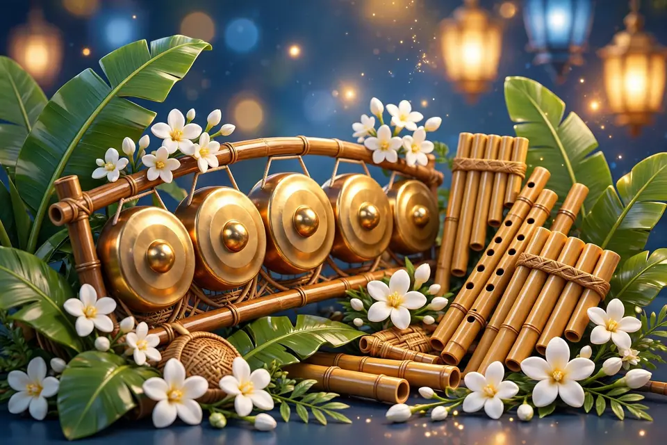 Colorful 3D illustration of Filipino heritage motifs including tropical flowers, the Philippine flag colors, and traditional musical instruments