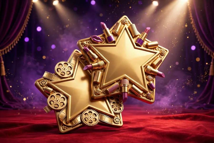 3D illustration of two overlapping golden star medallions on a red carpet, one with film-reel motifs and one with lipstick motifs