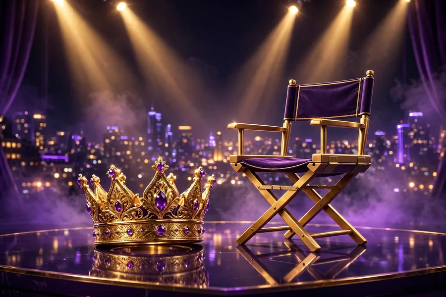 3D illustration of a golden crown beside a film director's chair on a stage with spotlights and a night city skyline
