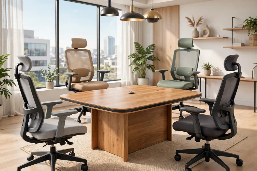 3D illustration of ergonomic office chairs around a versatile wooden table in a bright office