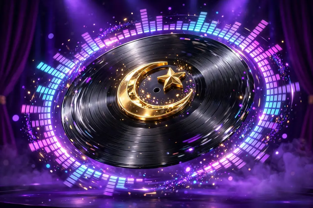 3D render of a spinning vinyl record with a golden crescent moon and star emblem