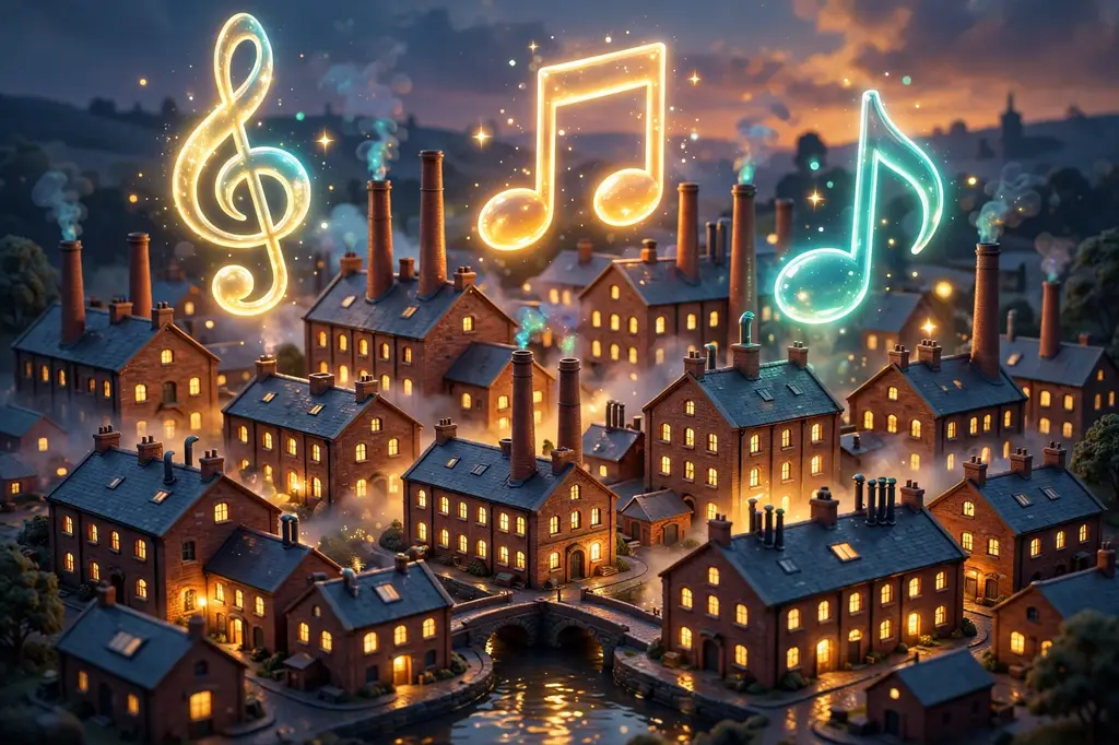 3D render of a northern England mill-town skyline at dusk with giant glowing musical notes