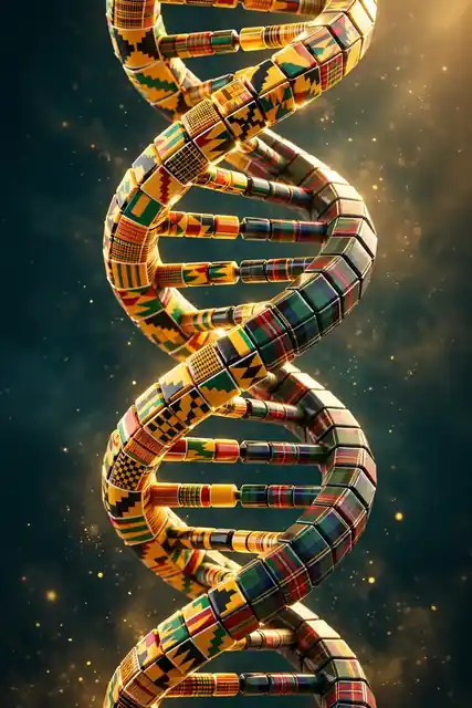 3D DNA helix made of tiles blending African kente patterns with German and Scottish tartan, symbolizing Zendaya's biracial African American, German and Scottish roots