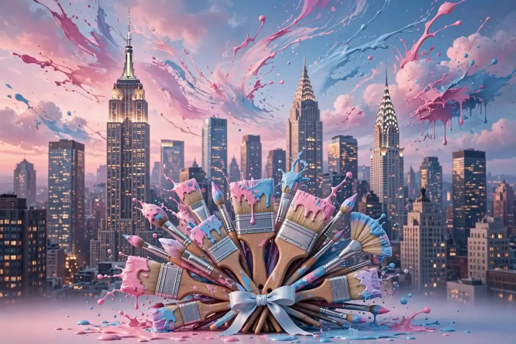 3D illustration of a bouquet of paintbrushes splashing pink and sky-blue paint across a dusk New York City skyline.