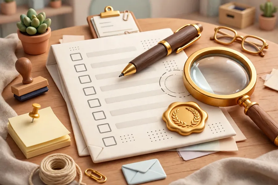 Purchase contract document with pen and magnifying glass