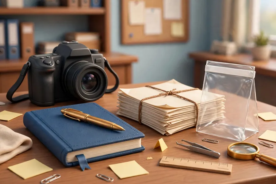 Camera, notebook and evidence items for documenting an incident