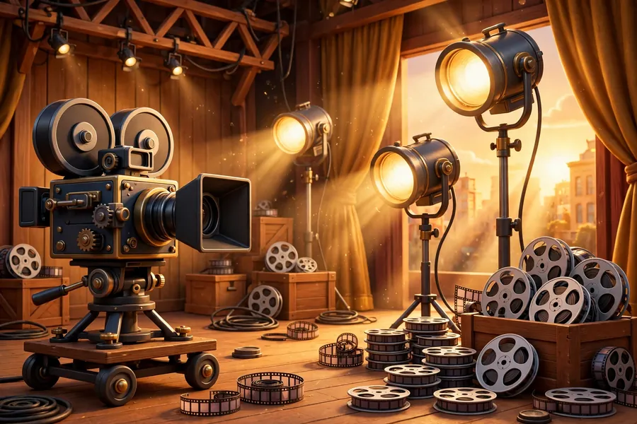 Classic Hollywood film set with movie camera, spotlights and film reels