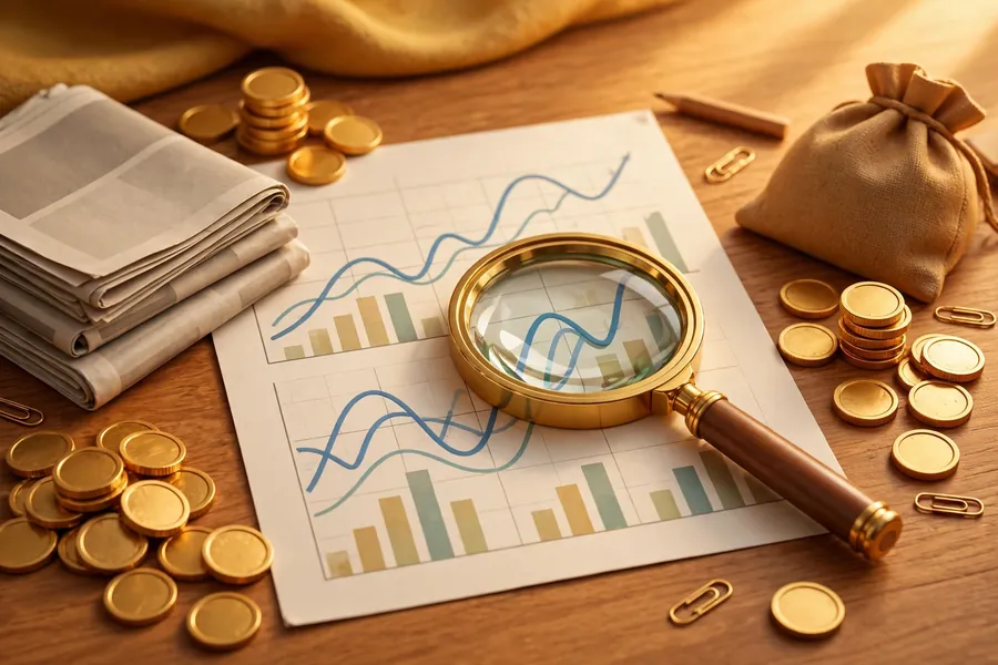 Financial newspapers, coins and a magnifying glass over stock charts