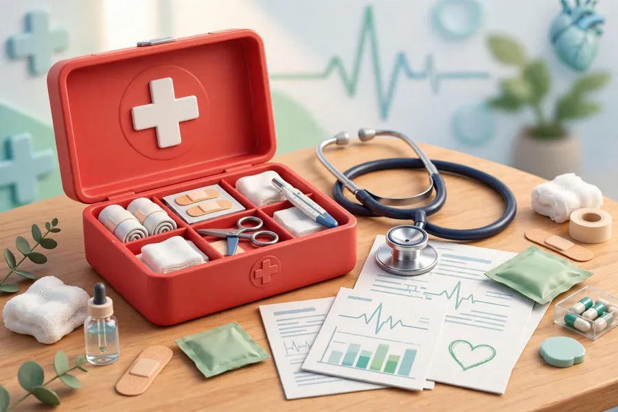 First-aid kit with stethoscope and medical documents