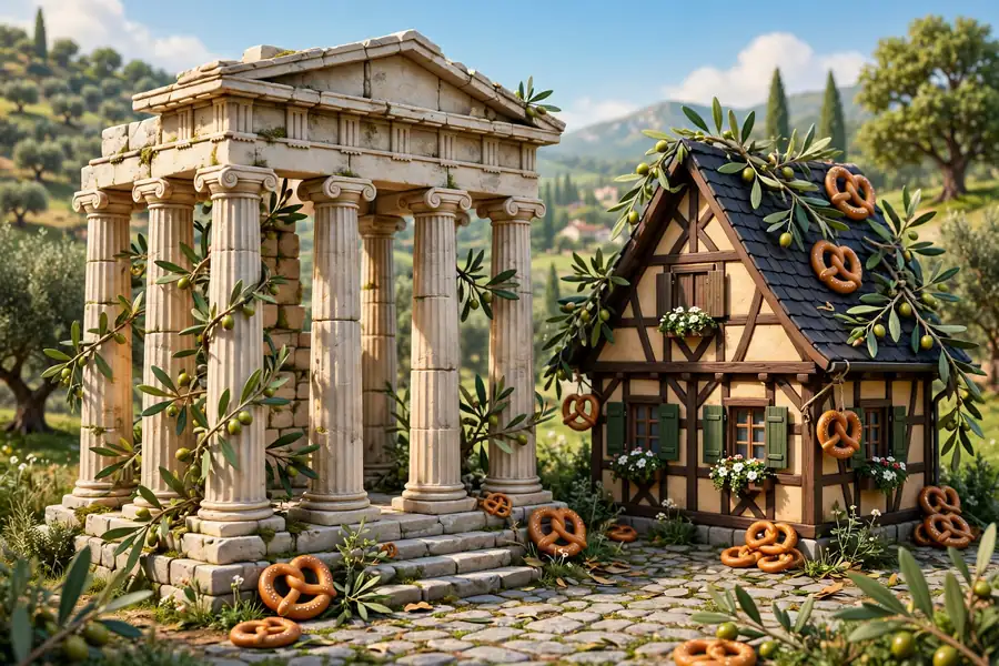 Greek temple columns and a German half-timbered house with olive branches