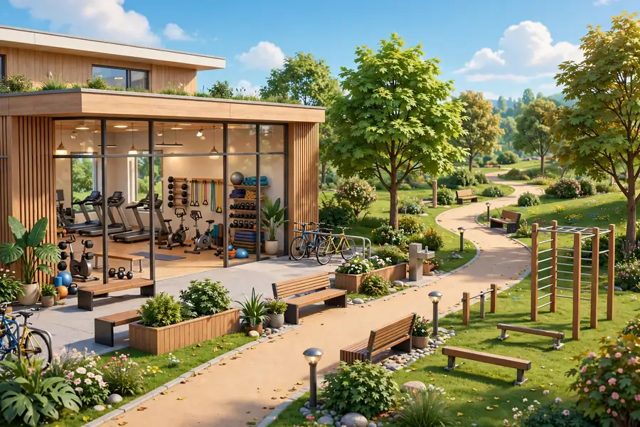 Community gym and outdoor walking path with benches and trees