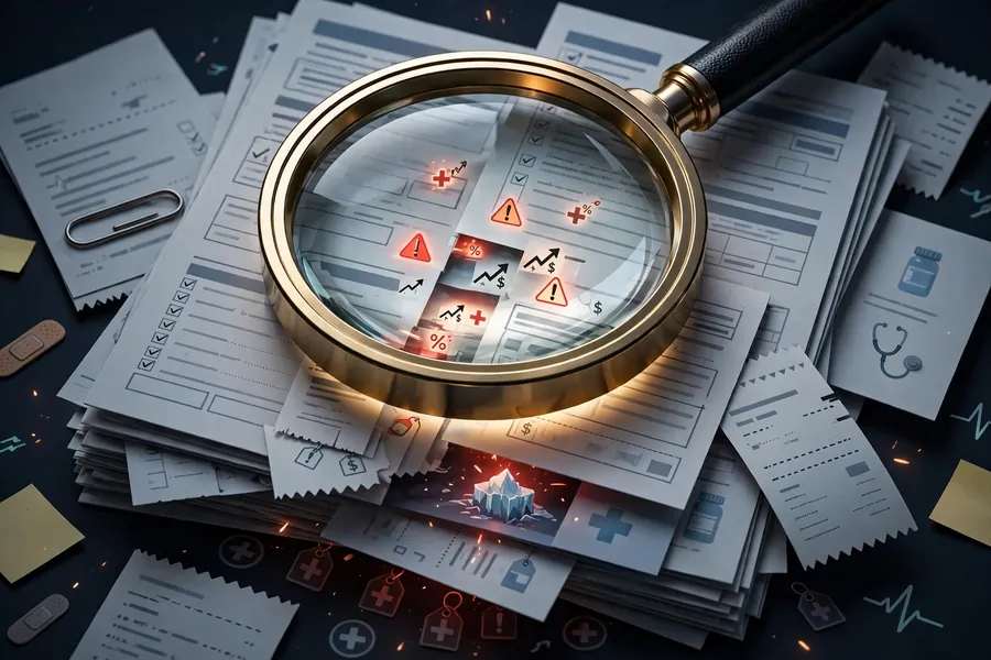 Magnifying glass over insurance claim documents and medical bills