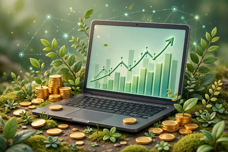 Laptop showing rising finance charts with coins and green leaves