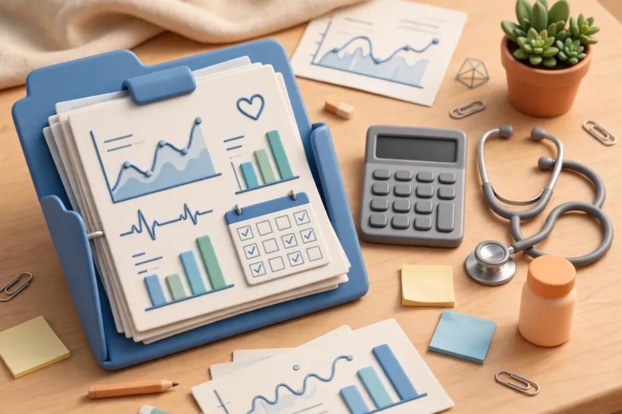Life care plan clipboard with charts, calculator and stethoscope
