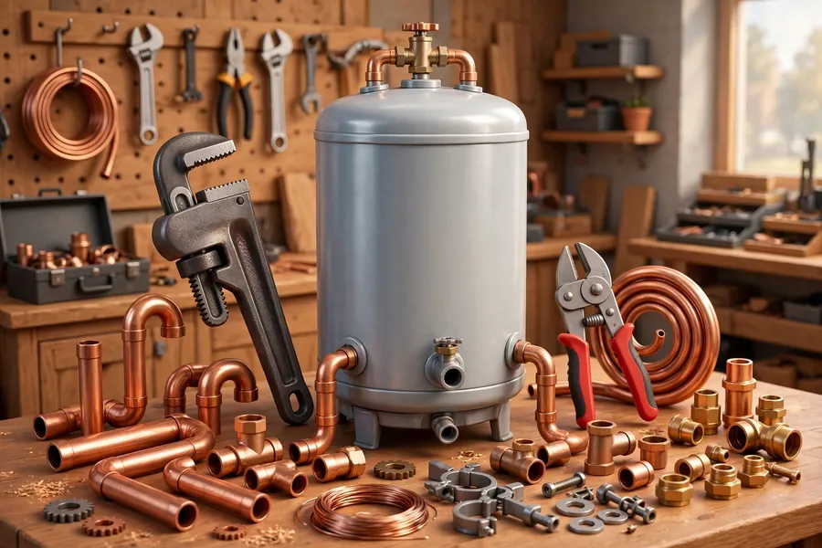 Plumbing installation tools: wrenches, copper pipes and fittings around a water heater tank