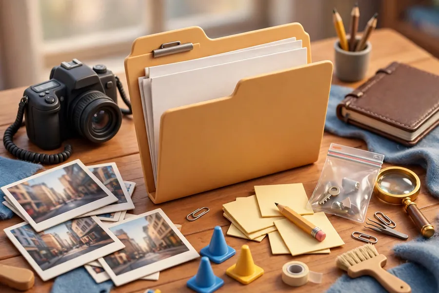 Police report folder with camera and evidence items