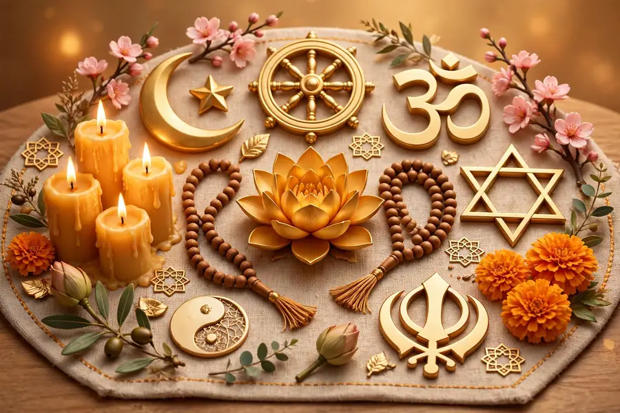 Diverse religious and cultural symbols with candles and prayer beads