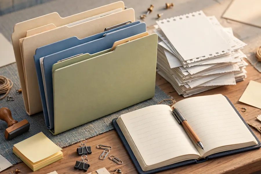 Organized repair order folders, notebook and pen for record keeping