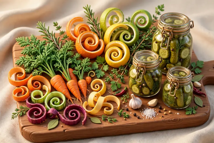 Root-to-stem cooking board with citrus curls, carrot tops and pickle jars