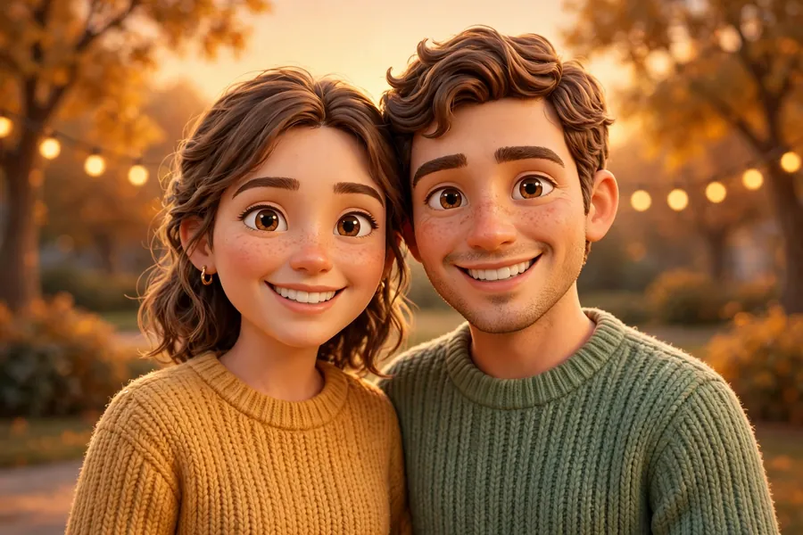 Two people with similar facial features smiling together, family resemblance