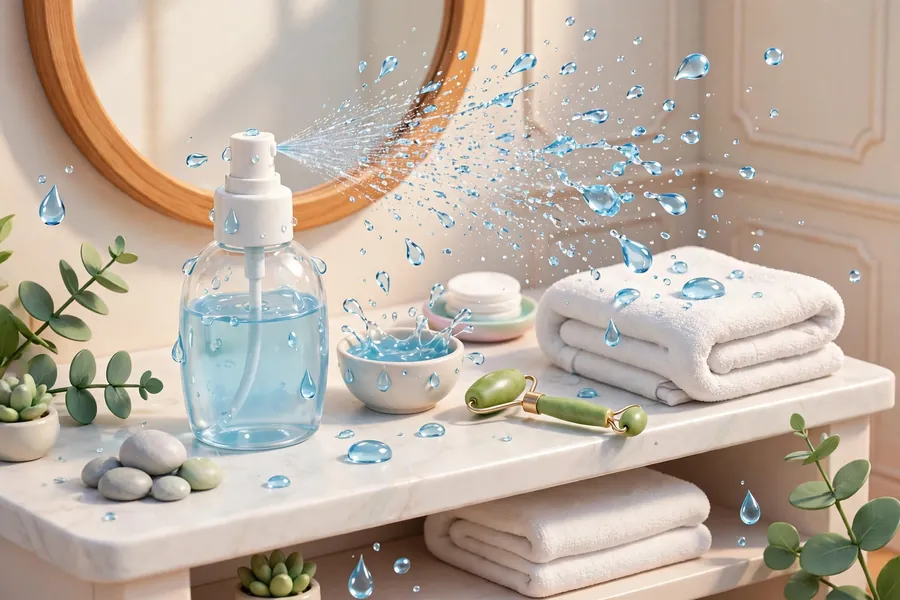 Facial mist spray bottle with towel and skincare items on a vanity