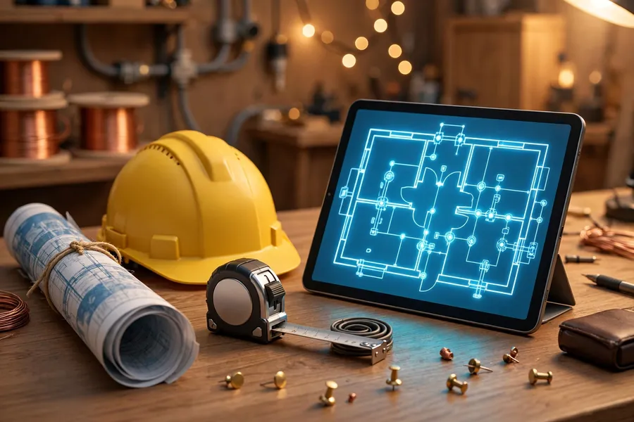 Electrical takeoff tools: hard hat, blueprints, tape measure and tablet showing a floor-plan diagram
