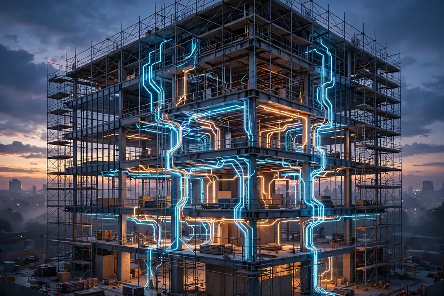 Commercial building under construction with glowing electrical wiring lines