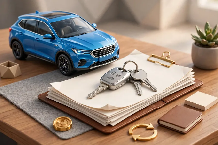 New car model with car keys and documents for buyback
