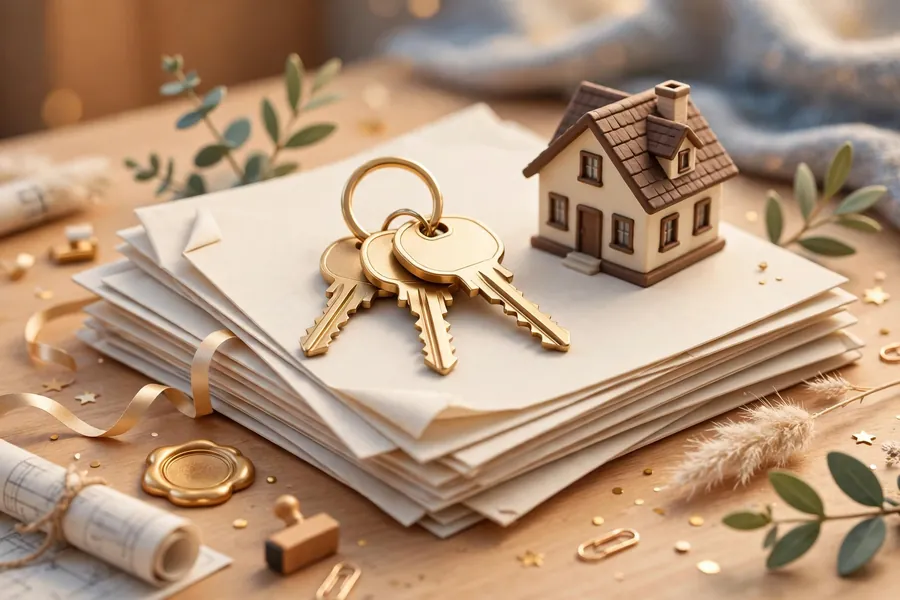 House keys on closing documents with a small house model