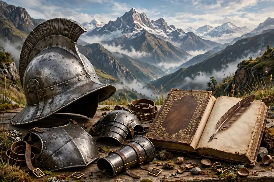 Spanish conquistador helmet and armor with an ancient chronicle book and quill