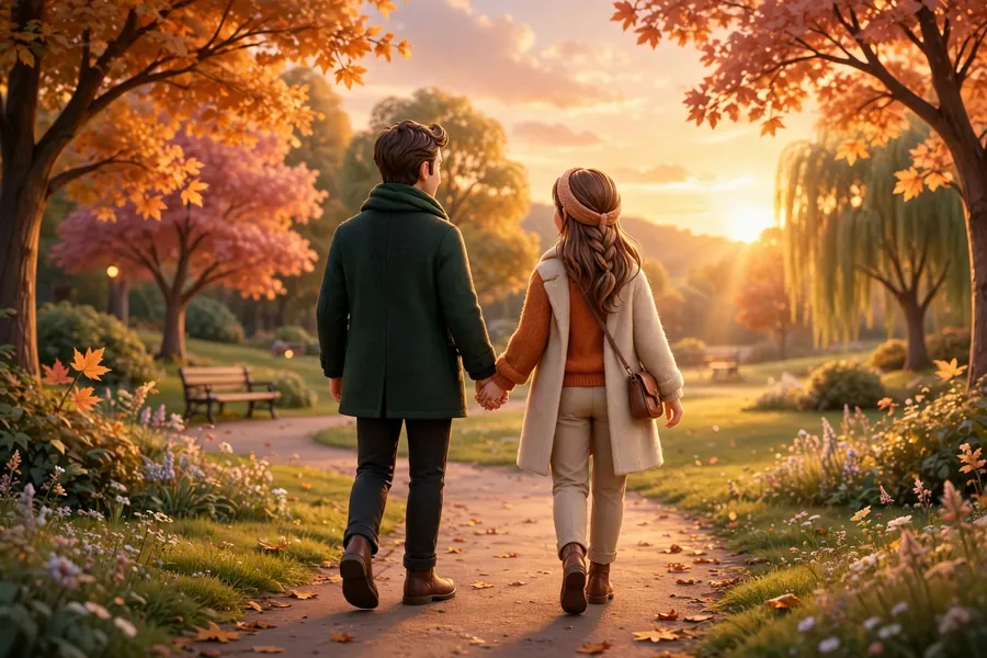 Couple holding hands walking in a park at sunset