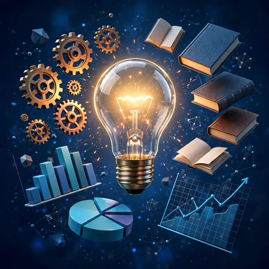 Glowing lightbulb surrounded by charts, gears and books, critical thinking theme