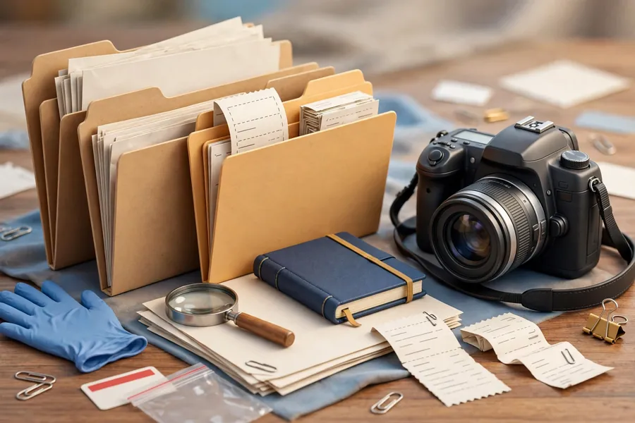 Camera with organized folders, receipts and notebook for evidence