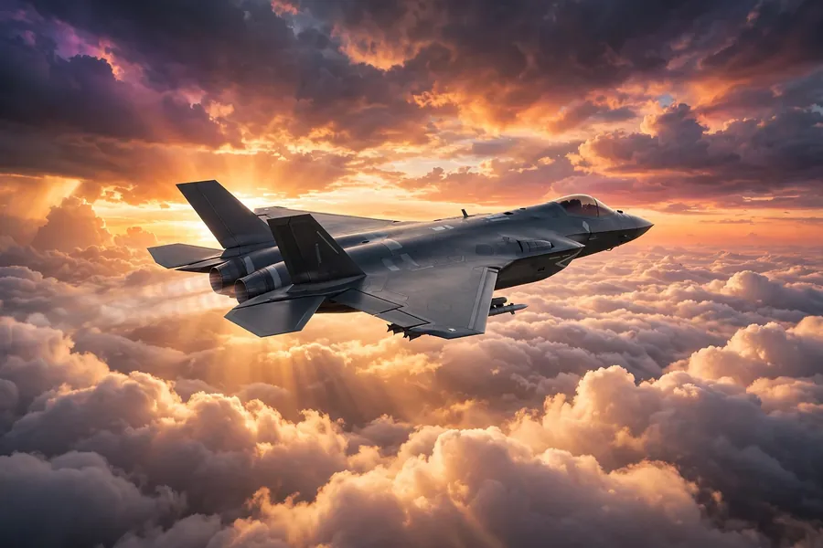 Modern fighter jet flying above clouds at sunset