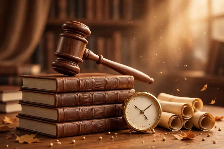 Gavel on law books with a clock, legal deadlines theme
