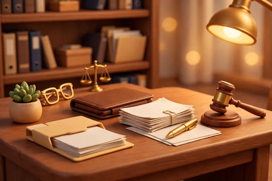 Lawyer consultation desk with gavel, documents and scales of justice