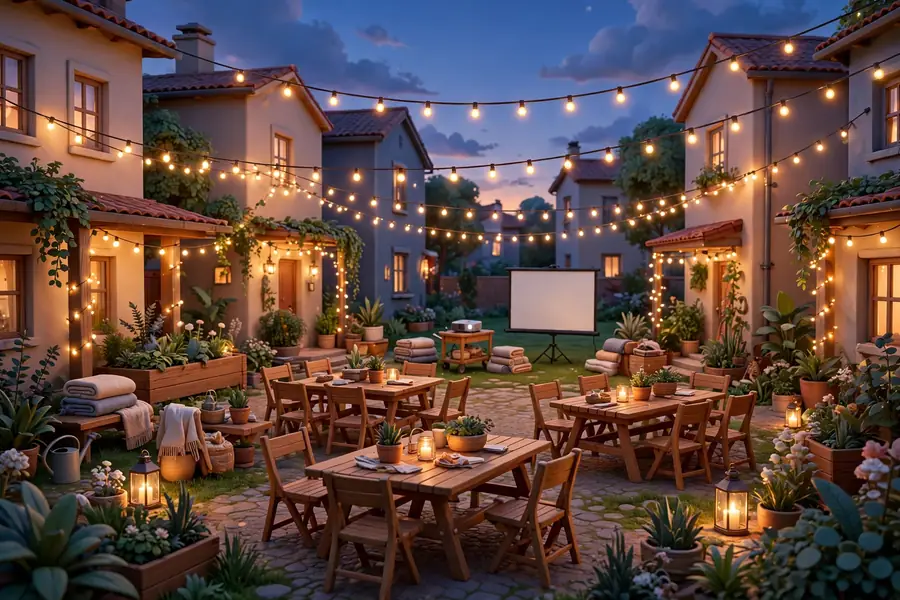 Outdoor community movie night gathering space with string lights