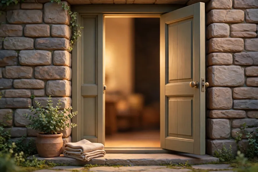 Peaceful home doorway with warm light, plant and folded cloth