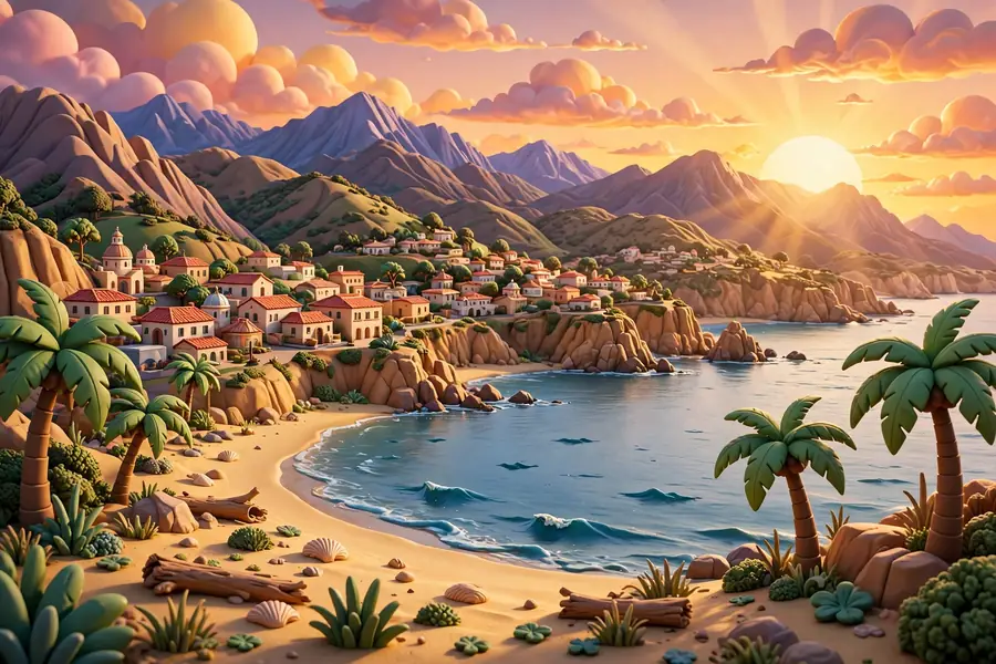 Santa Barbara coastline with palm trees, beach and mountains at sunset