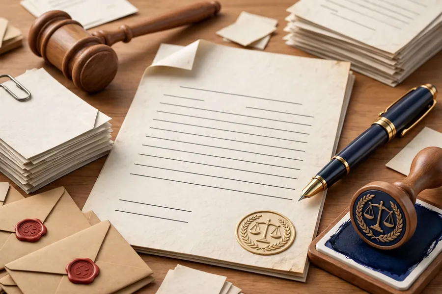Settlement agreement document with pen, gavel and stamp