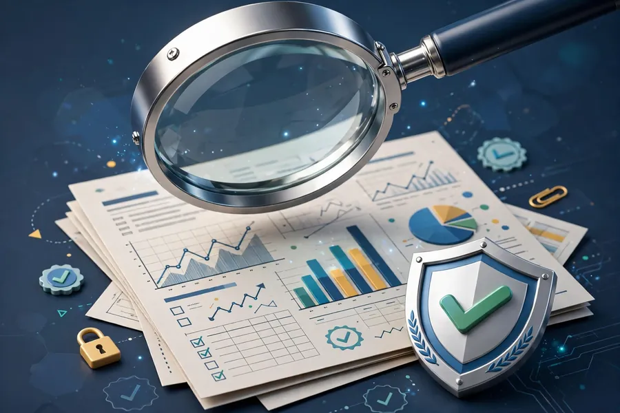 Magnifying glass over financial documents with a trust shield checkmark
