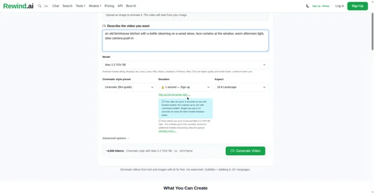 rewind.ai video generator with farmhouse kitchen prompt typed in the prompt box