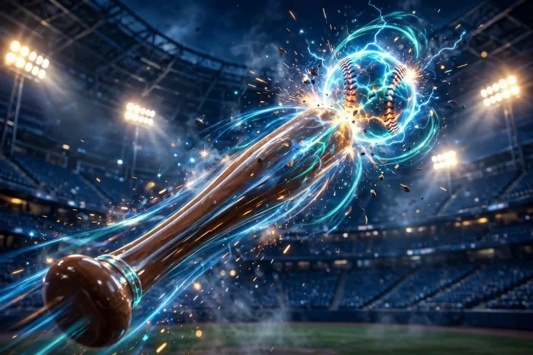 3D render of a baseball bat striking a glowing baseball under bright floodlights in a night stadium.