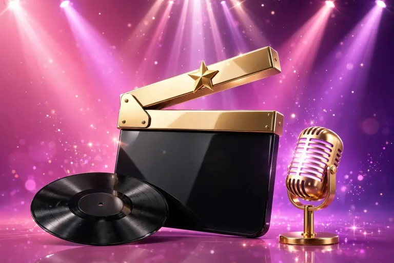 Glossy 3D render of a Hollywood film clapperboard with a golden star, stage spotlights, a vinyl record, and a glowing stage microphone on a pink-to-purple gradient, symbolizing Amirah J's acting and music career