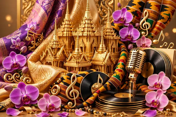 Glossy 3D illustration of Thai and African-American cultural fusion with temple spires, orchids, a microphone, and vinyl records