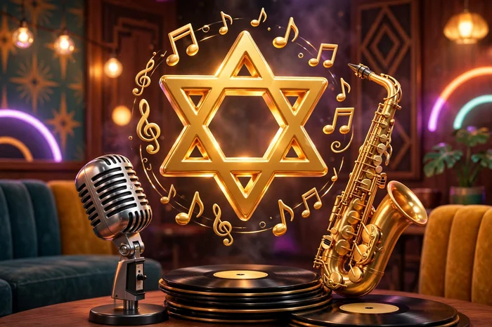 Glossy 3D illustration of Jewish heritage and retro soul music with a Star of David, vintage microphone, and vinyl records