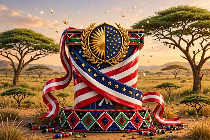 Glossy 3D illustration of Kenyan and American heritage fusion with savanna acacia trees, flag ribbons, and stars