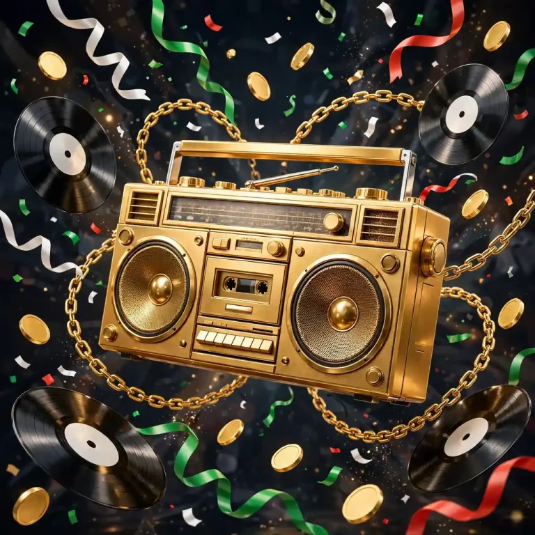 Glossy 3D render of a golden vintage boombox with speakers, floating vinyl records, gold chains, and green, white, and red confetti, celebrating Bhad Bhabie's hip-hop career and Italian roots